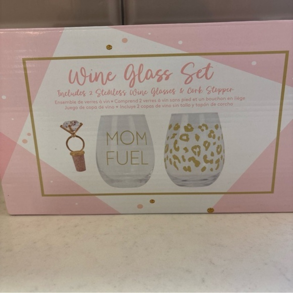 Mom Fuel / Cheetah Gold Print Stemless Wine Glass & Cork Stopper Gift Set - NEW!